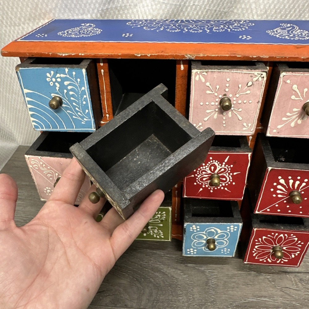 Hand Painted Wooden 12 Drawer Spice Chest Jewelry Box Multi Color Boho Folk Art - Picture 7 of 13